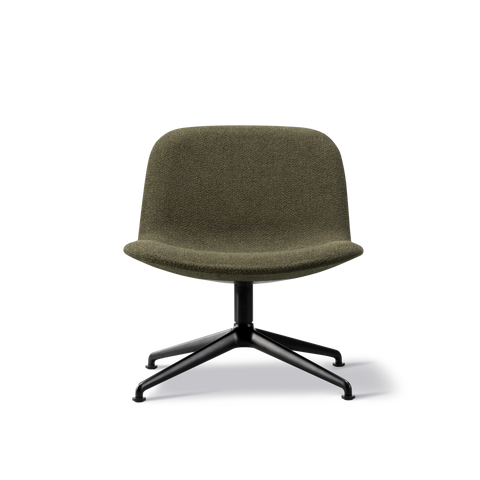 Front view of olive green upholstered lounge chair with low bucket seat and black four star swivel base, Scandinavian modern design