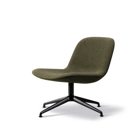Three quarter angle of contemporary olive green lounge chair on black four star base, Scandinavian modern accent chair for living rooms