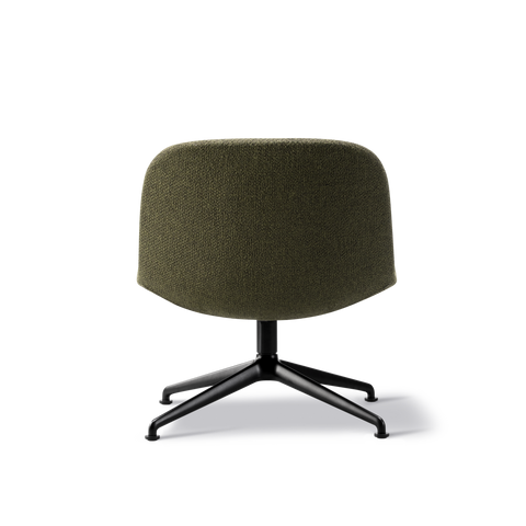 Rear view of olive green fabric lounge chair with curved shell and black four star base, minimalist Scandinavian modern seating