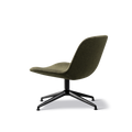 Side profile of low lounge chair in textured green upholstery with ergonomic seat and black four star swivel base, contemporary Scandinavian