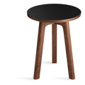 Blu Dot Apt Tall Side Table with black linoleum top and walnut base on white background