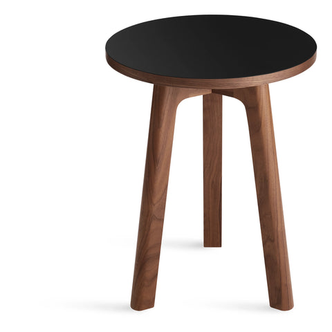 Blu Dot Apt Tall Side Table with black linoleum top and walnut base on white background
