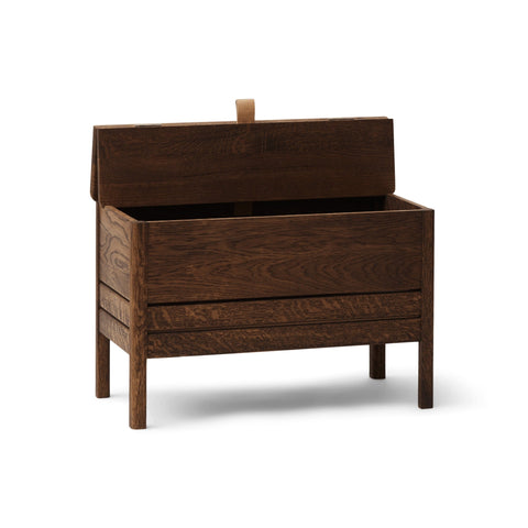 Form & Refine A Line Storage Bench 68, Smoked Oak, oak storage bench with lid, three-quarter view on white background