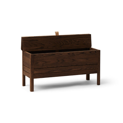 Form & Refine A Line Storage Bench 90, Smoked Oak, oak storage bench with lid, three-quarter view on white background