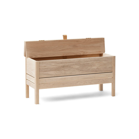 Form & Refine A Line Storage Bench 90, White Oak, oak storage bench with lid, three-quarter view on white background