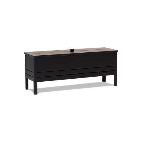 Form & Refine A Line Storage Bench 111, Black Stained Oak, oak storage bench with lid, three-quarter view on white background