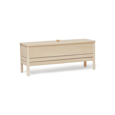 Form & Refine A Line Storage Bench 111, White Oak, oak storage bench with lid, three-quarter view on white background