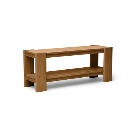 Form & Refine Beam Bench, Deep Brown Pine, solid pine bench with shelf, three-quarter view on white background