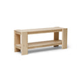 Form & Refine Beam Bench, Pine, solid pine bench with shelf, three-quarter view on white background