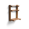 Form & Refine Beam Office Shelf 3, Deep Brown Pine, solid pine wall shelf with desk, three-quarter view on white background
