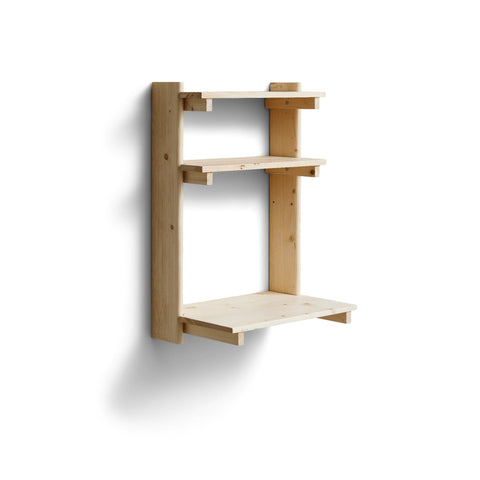 Form & Refine Beam Office Shelf 3, Pine, solid pine wall shelf with desk, three-quarter view on white background