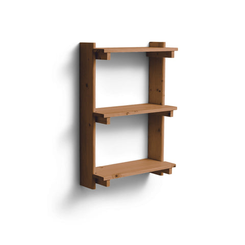 Form & Refine Beam Shelf 3, Deep Brown Pine, solid pine wall shelf, three-quarter view on white background
