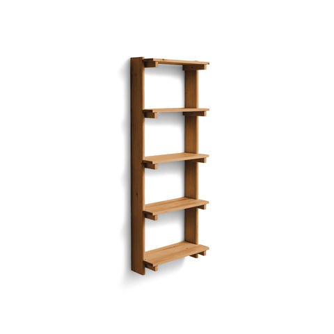 Form & Refine Beam Shelf 5, Deep Brown Pine, solid pine wall shelf, three-quarter view on white background