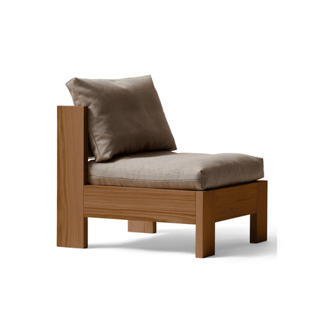 Form & Refine Icon Lounge Chair, Deep Brown Pine, solid pine lounge chair with cushions, three-quarter view on white background