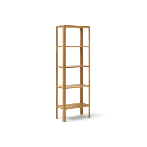 Form & Refine Leaf Shelf 0.5x5, Oak, tall oak shelving unit, three-quarter view on white background