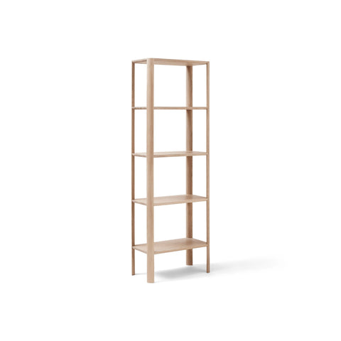 Form & Refine Leaf Shelf 0.5x5, White Oak, tall oak shelving unit, three-quarter view on white background