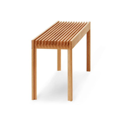 Form & Refine Lightweight Bench, Oak, solid oak slatted bench, three-quarter view on white background