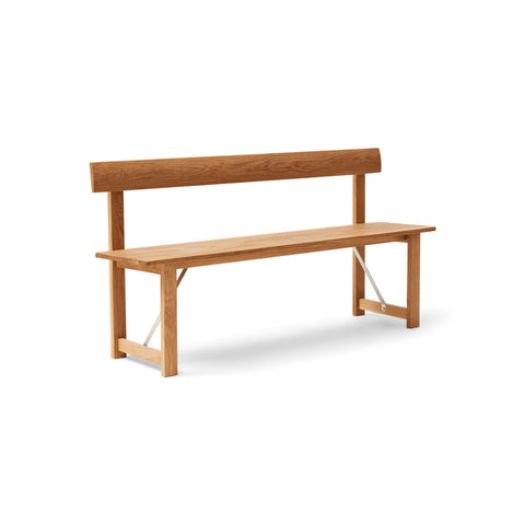 Form & Refine Position Bench, Oak, solid oak bench with backrest, three-quarter view on white background
