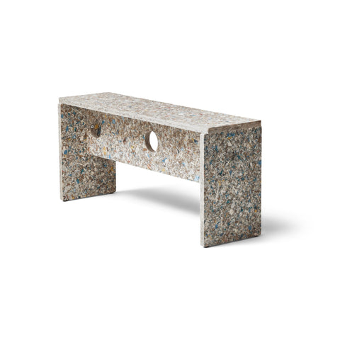 Form & Refine Remake Bench, recycled carton bench, three-quarter view on white background
