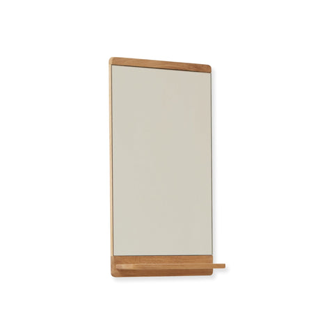 Form & Refine Rim Mirror, Oak, oak-framed wall mirror with shelf, three-quarter view on white background