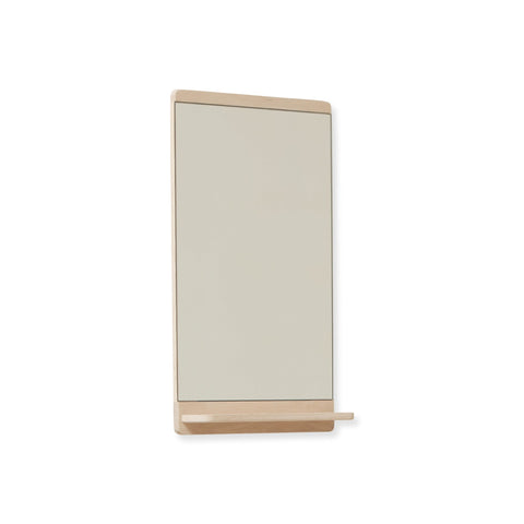 Form & Refine Rim Mirror, White Oak, oak-framed wall mirror with shelf, three-quarter view on white background