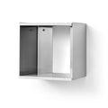 Form & Refine Taper Cube Box 34x35, Brushed Stainless Steel, brushed stainless steel wall cube, three-quarter view on white background