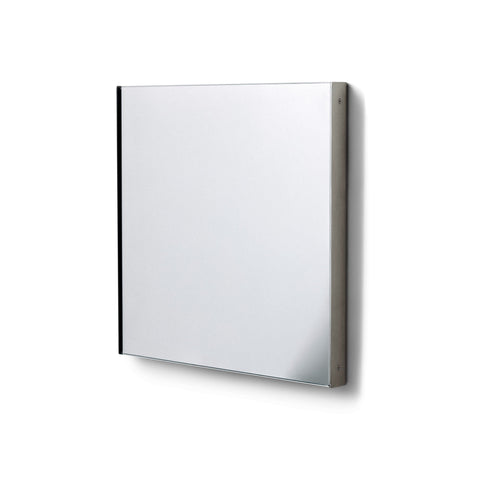 Form & Refine Taper Mirror 40x40, Brushed Stainless Steel, square steel-framed wall mirror, three-quarter view on white background