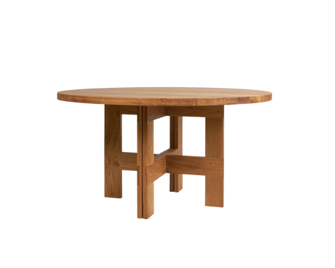 Frama Farmhouse Trestle Table in Natural Oak, wide round oak top over an open trestle base, packshot on a pale ground