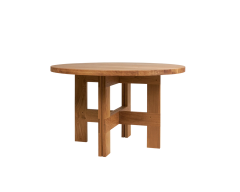 Frama Farmhouse Trestle Table in Natural Oak, round oak top on the crossed trestle base with square cut rails, on white