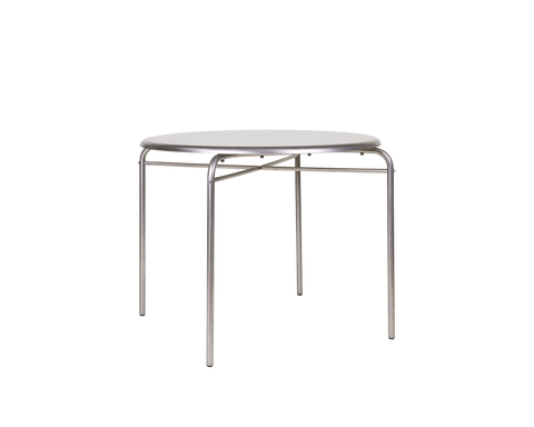 Frama Petit Rond Table, wide round steel top on splayed tubular legs with cross stretchers, seen straight on against white