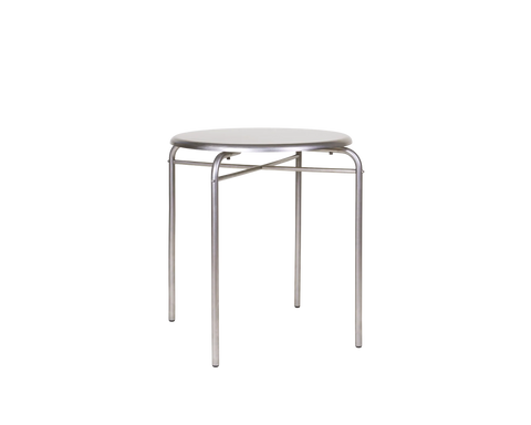 Frama Petit Rond Table, round steel top on a four leg tube frame with cross bracing, packshot on a white background