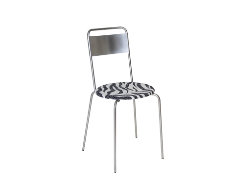 Frama Petit Rond Chair in Zebra Fabric and Stainless Steel, steel frame chair with a black and white striped round seat pad