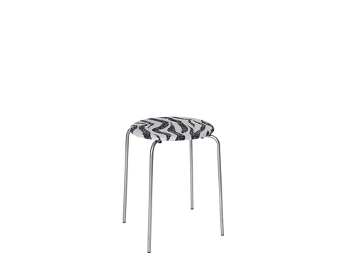 Frama Petit Rond Stool in Zebra Fabric and Stainless Steel, black and white patterned seat pad on four steel legs