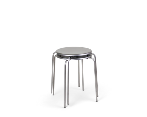 Frama Petit Rond Stool in Stainless Steel, two stools stacked one inside the other showing how the legs nest