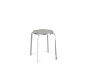 Frama Petit Rond Stool in Stainless Steel, round brushed steel seat on four slim tubular legs, angled view on white