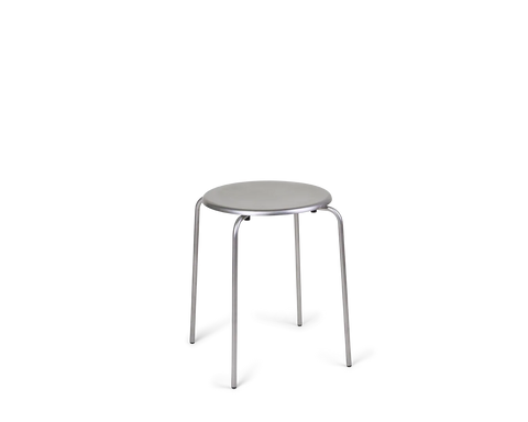 Frama Petit Rond Stool in Stainless Steel, round brushed steel seat on four slim tubular legs, angled view on white
