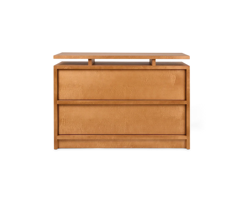 Frama Ratio Chest in Warm Brown Birch, two wide birch drawers closed beneath a floating top panel, front view on a white background