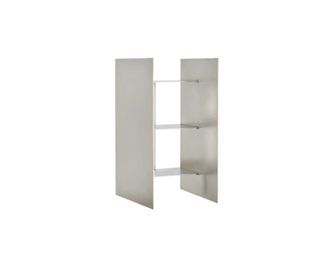 Frama Sheet Cabinet in Stainless Steel, both doors swung open to show the shelves inside, photographed against a white background