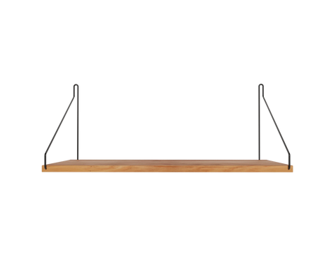 Frama Single Shelf, Natural Oak in Black, deep oak board on black brackets, viewed from the front with the shadow below
