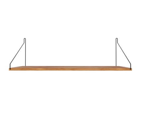 Frama Single Shelf, Natural Oak in Black, long deep oak board on two black wire brackets, seen straight on against grey