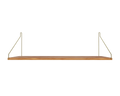 Frama Single Shelf, Natural Oak in Brass, long deep oak board on two brass wire brackets, front view against white