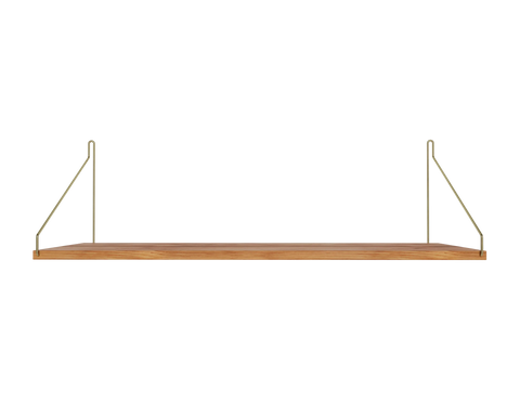 Frama Single Shelf, Natural Oak in Brass, long deep oak board on two brass wire brackets, front view against white
