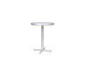 Frama Tasca Table, side view with the round top almost edge on, column stem and flat cross base, on pale grey