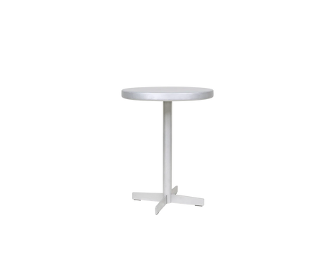 Frama Tasca Table, side view with the round top almost edge on, column stem and flat cross base, on pale grey
