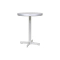 Frama Tasca Table in Aluminum, round aluminum pedestal table on a single column with a four arm cross foot, three quarter view on white