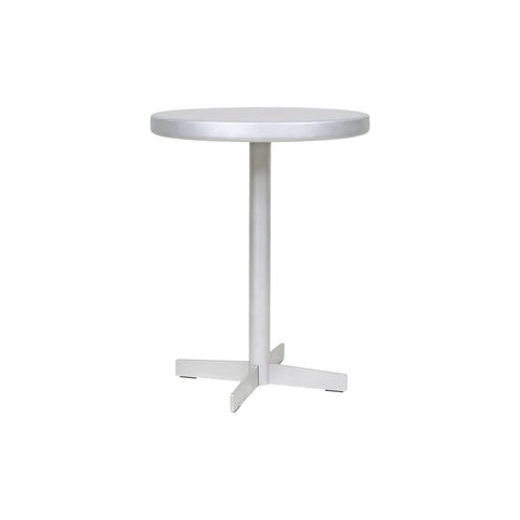 Frama Tasca Table in Aluminum, round aluminum pedestal table on a single column with a four arm cross foot, three quarter view on white