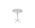Frama Tasca Table, round aluminum top seen from above at an angle with the cross foot below, plain background