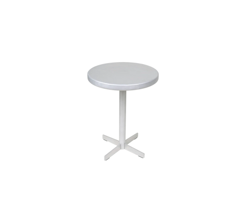 Frama Tasca Table, round aluminum top seen from above at an angle with the cross foot below, plain background
