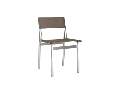 Frama Union Chair in Taupe Mesh and Aluminum, grey brown seat and back panel on slim aluminum legs with a side rail, shown on white