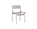 Frama Union Chair in Sandstone Mesh and Aluminum, smooth pale seat and back stretched on a bright aluminum frame, angled view on white